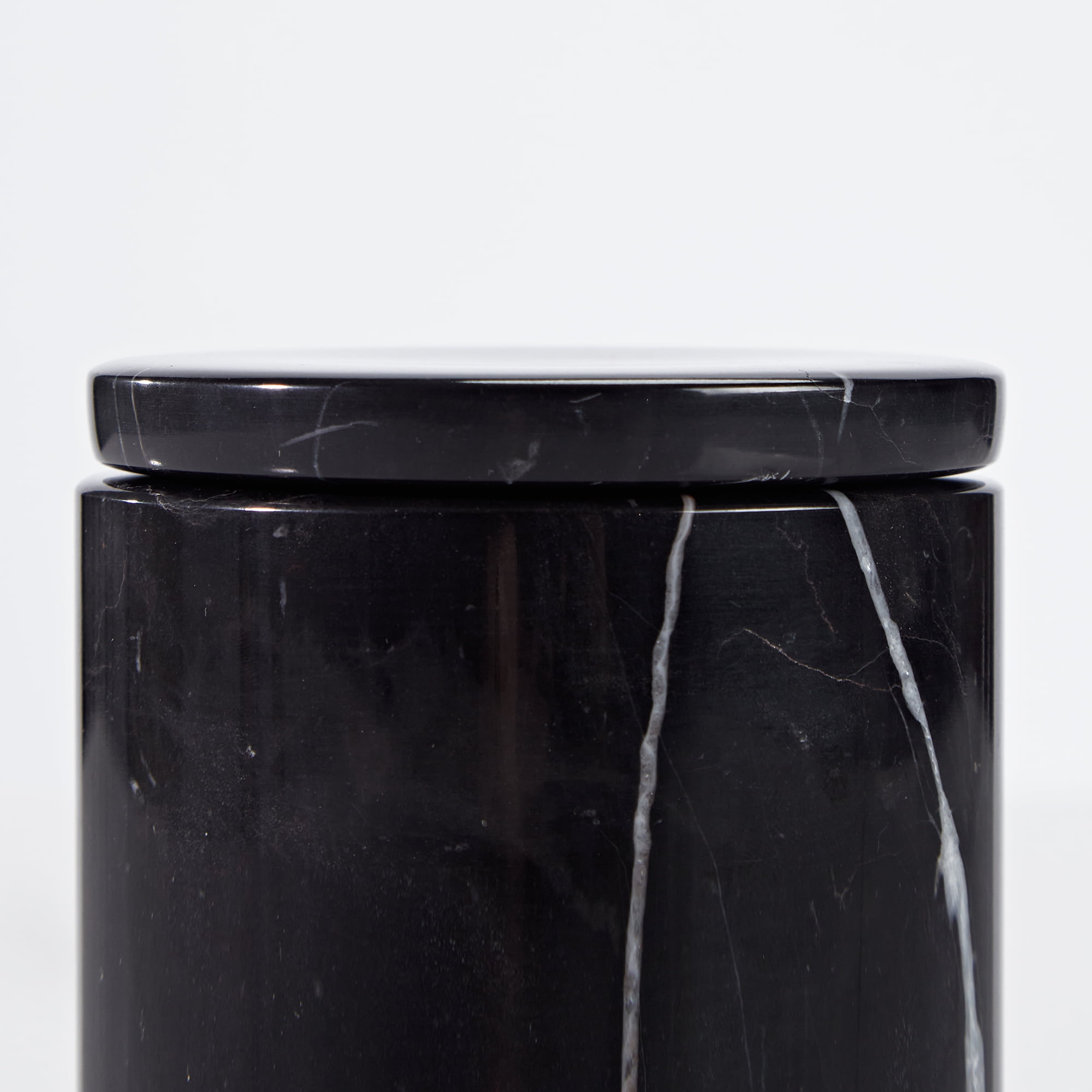 Natural Round Black Marble Canister 5.07 inch L × 5.07 inch D × 5.26 inch H, Sturdy Qtip Holder Dispenser with Lid for Cotton Swab, Pads,Floss Picks,Balls Organic Vanity Makeup Storage