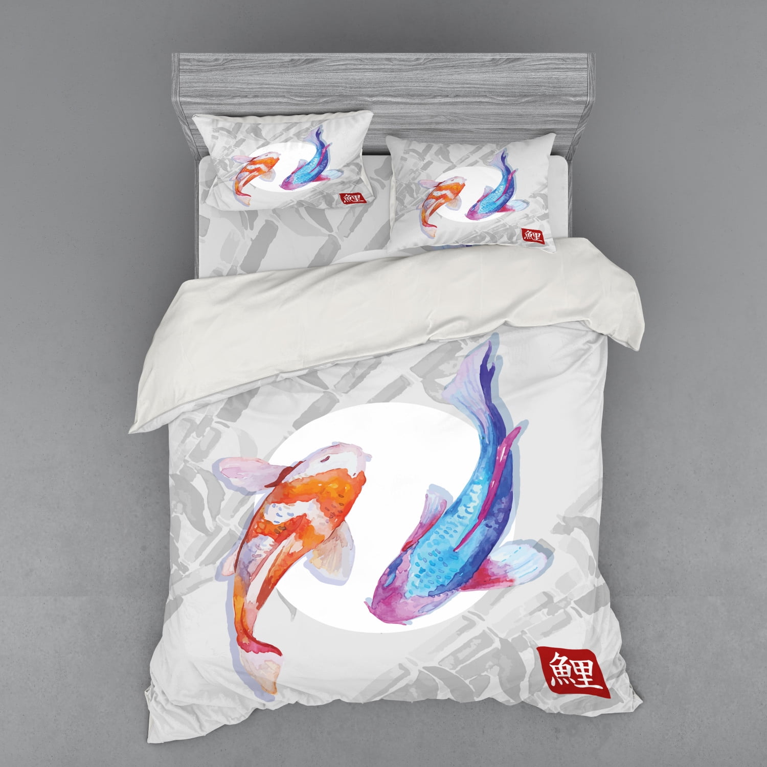 Koi Fish Duvet Cover Set, Watercolor Style Japanese Animals Couple Design Grunge Brushstrokes