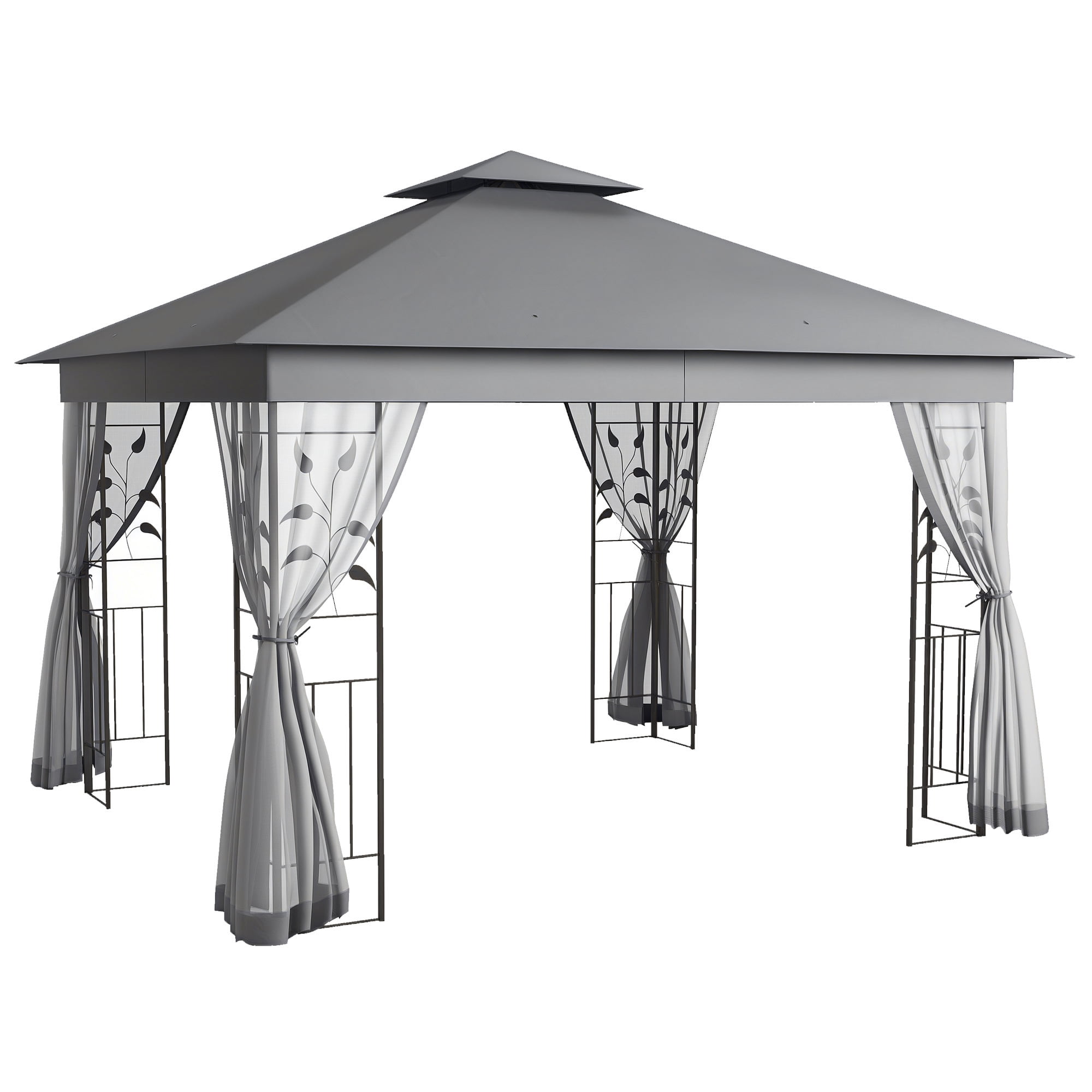 10' x 11.5'&nbsp;Metal Patio Gazebo, Double Roof Outdoor Gazebo Canopy Shelter w/Tree Motifs Corner Frame and Netting, Gray