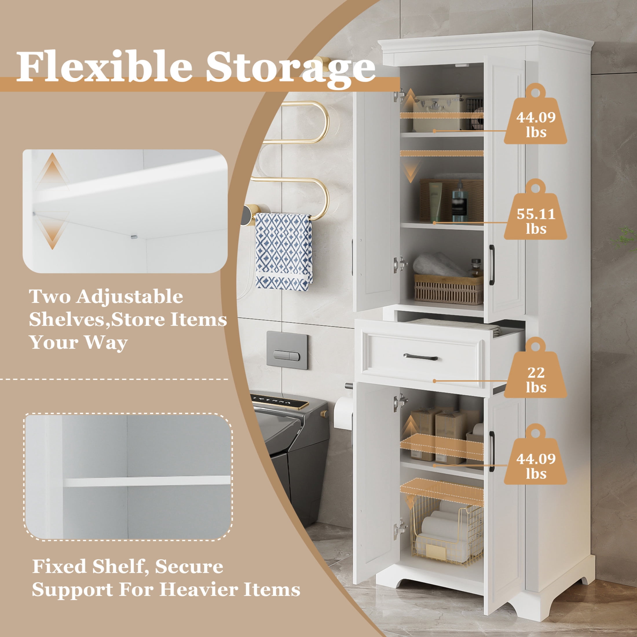 Noble House 70.8"H Freestanding Cabinet, 4 Doors 1 Drawer Space-Saving Storage with Adjustable Shelves, White