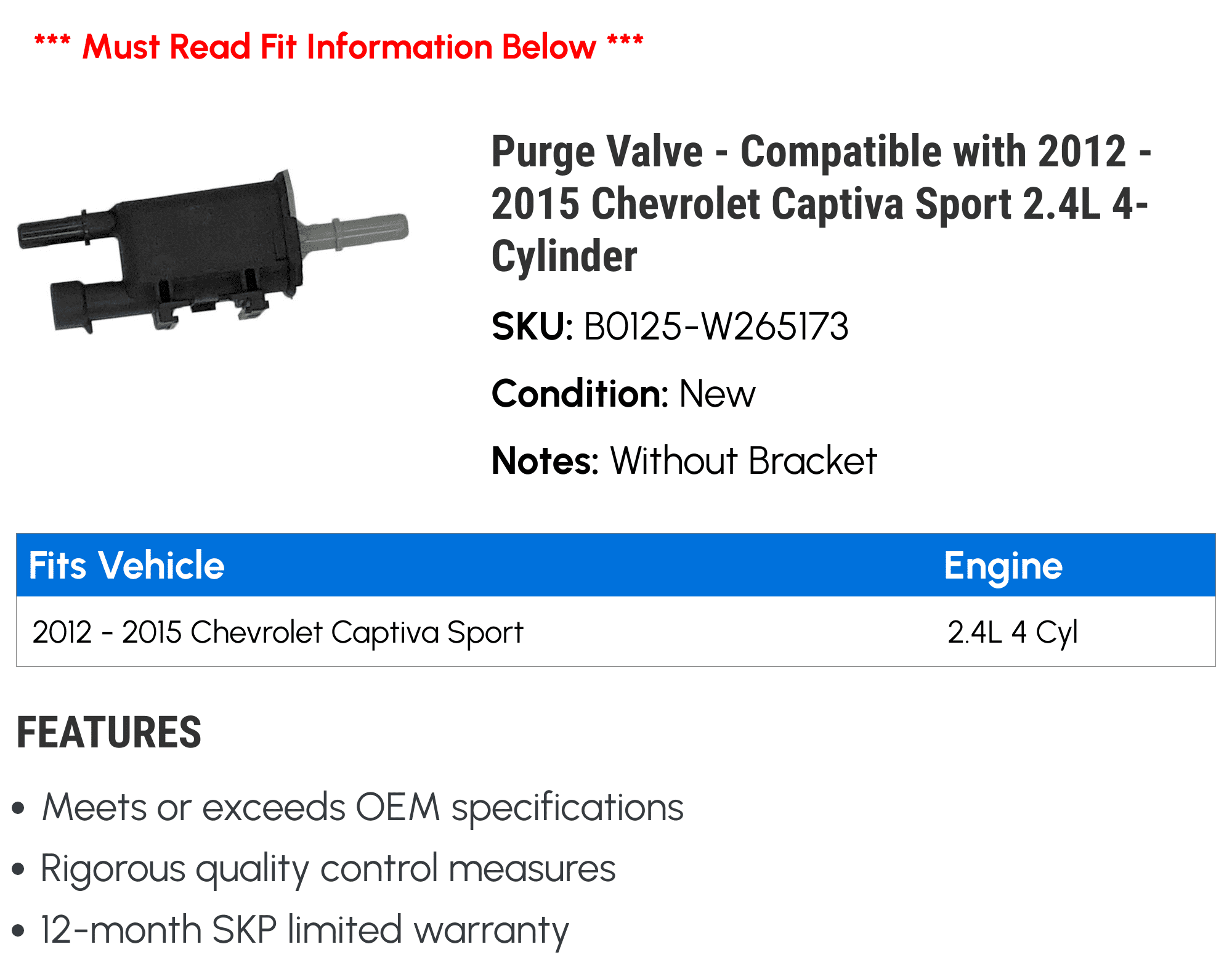 Purge Valve - Compatible with 2012 - 2015 Chevy Captiva Sport 2.4L 4-Cylinder 2013 2014