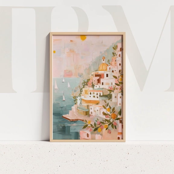 Amalfi Coast Art Print Italian Seaside Coastal Landscape Illustration Mediterranean Decor Home Decor #541, Unframed Poster Size 8x12