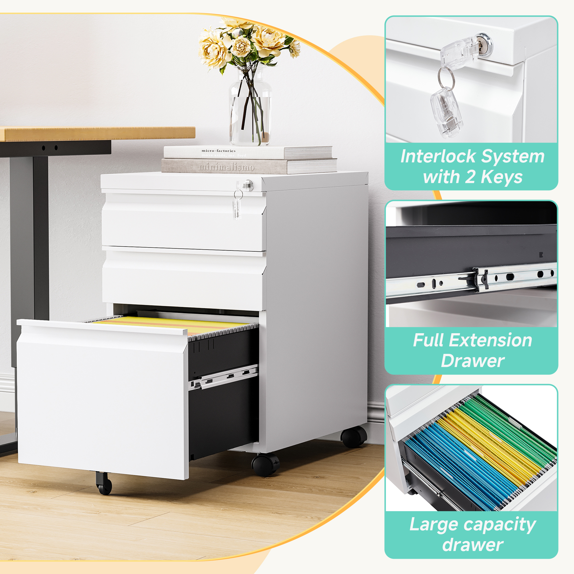 STANI 3 Drawers Storage Cabinet, Mobile Filing Cabinet for Mini Printer Stand, Unassembled Metal Rolling File Cabinet for Home Office(Unassembled,White)