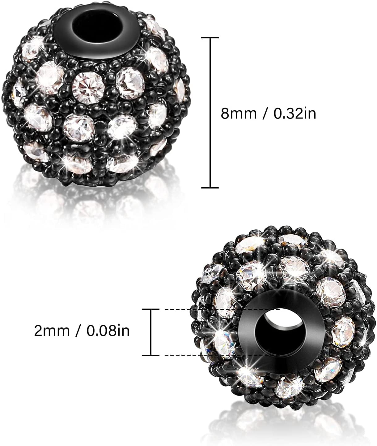20 Pieces 8 mm Zirconia Cubic Beads, Round Rhinestone Bracelet Spacer Charms,Crystal Zirconia Stones, Ball Beads for Jewelry Making DIY(Black)