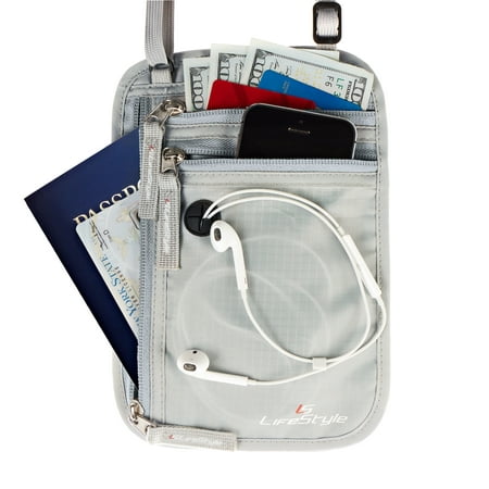 LS Lifestyle Premium Neck Wallet RFID Blocking Hidden Travel Pouch Passport Holder - Grey - Mens - One
