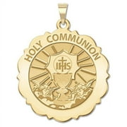 Holy Communion Scalloped Round Religious Medal  - 3/4 Inch Size of a Nickel -Solid 14K Yellow Gold