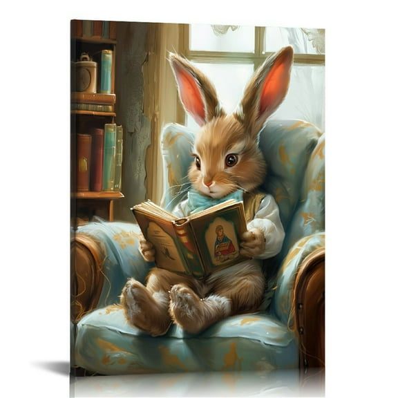 Easter Bunny Reading Book Canvas Art, - Cute Rabbit Wall Decor for Living Room, Bedroom, Bathroom - Framed  Animal Poster, Canvas Painting, Home Decor, Perfect for Room Decor