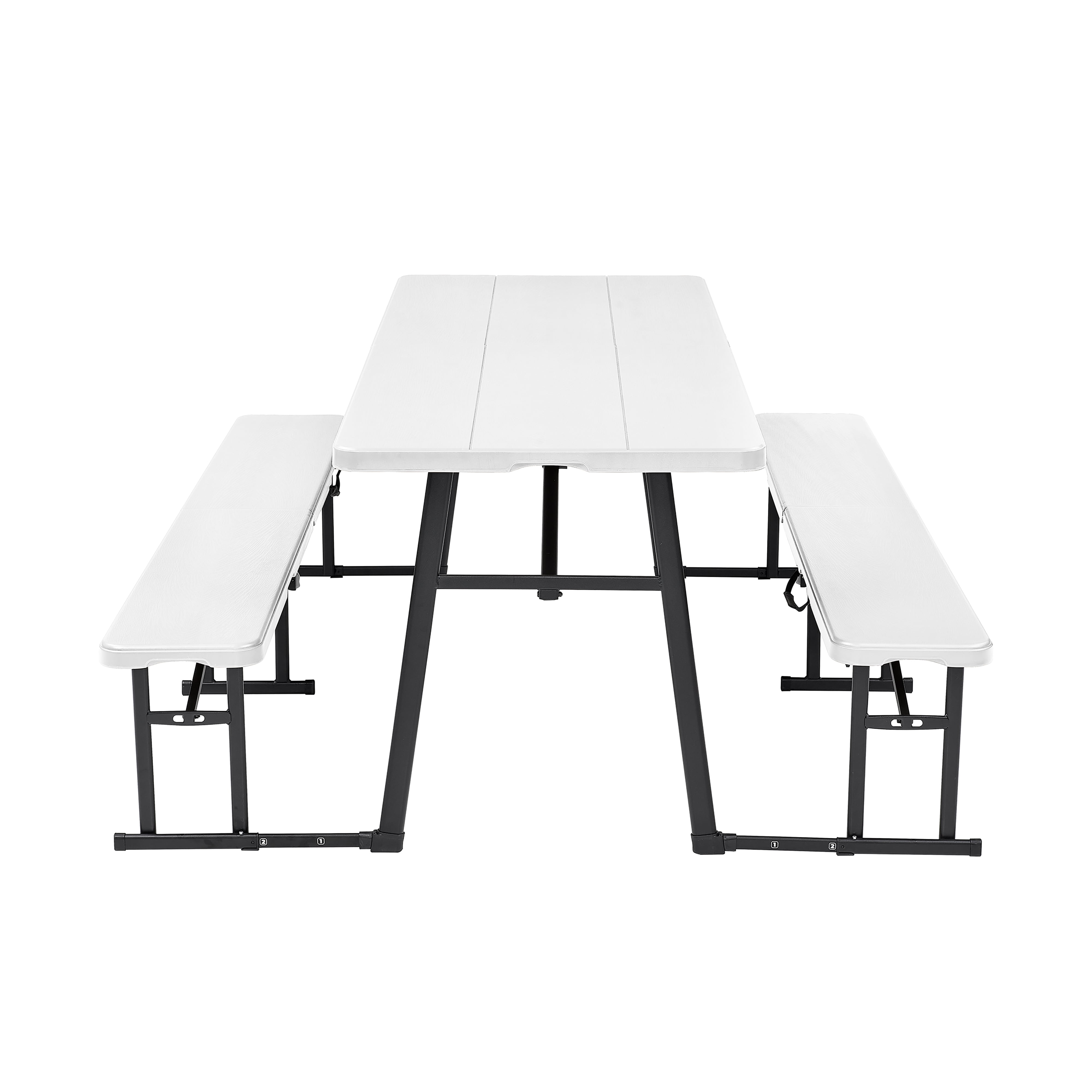 Living and More 3-Piece Picnic Table Set, 6 Foot Polyethylene Folding Table with 2 Folding Benches, Weather Resistant, Indoor Outdoor, White Wood Finish with Black Legs