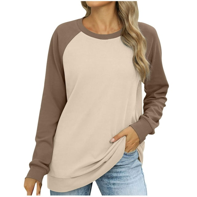MeetoTime Women's Fashion Drop Shoulder Tops Fleece Crew Neck Long Sleeve Color Block Fall T-Shirts