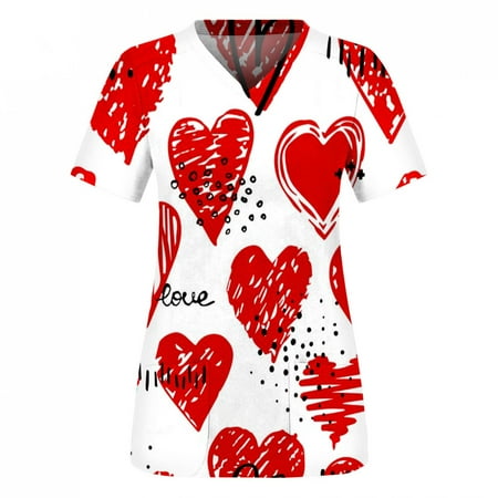 

Womail Valentine s Day Women s Heart Print Stretch Scrub Top with Pockets V-Neck Comfy Uniform Short Sleeve Clinic Blouse Carer Top Tunic Top on Clearance Gifts for Women