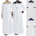 thumbnail image 2 of Contrast Color Muslim Dress Muslim Thobe with Long Sleeve Mandarin Neck Men Robe, 2 of 14