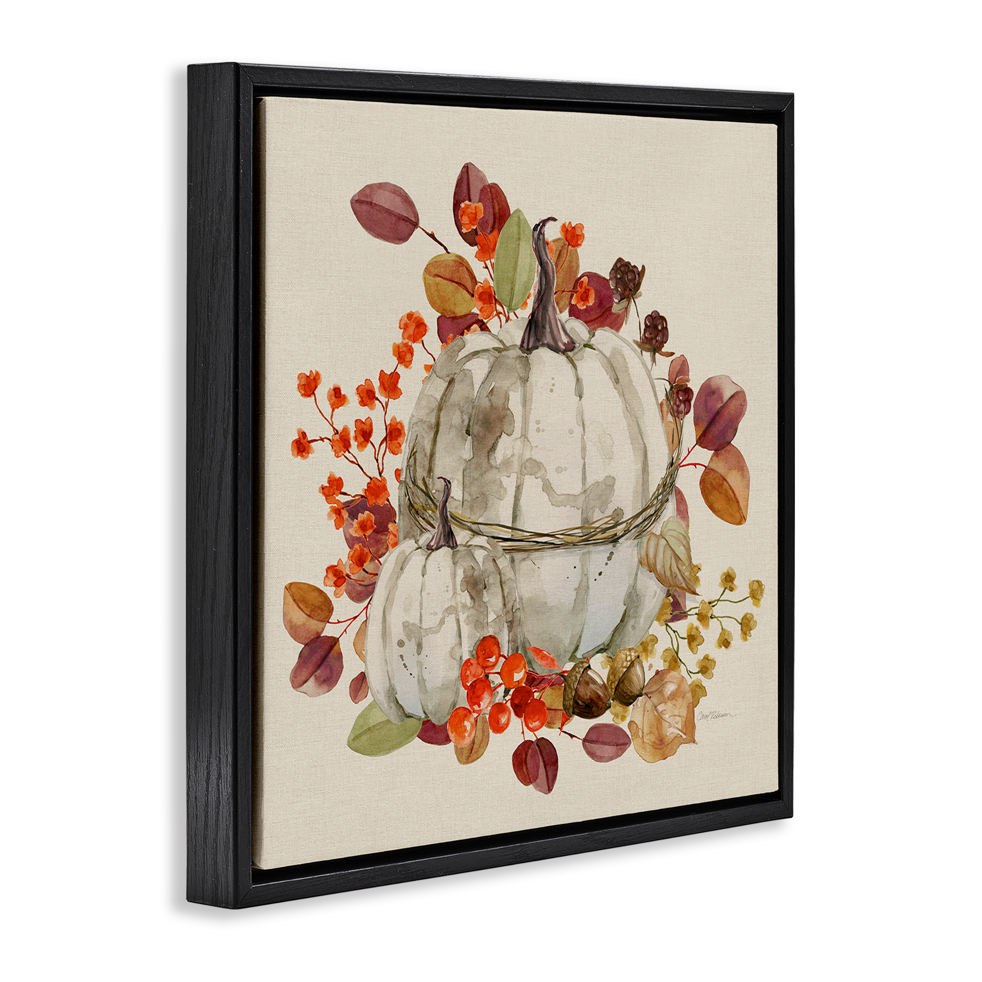 Stupell Industries Seasonal Pumpkin & Leaves Botanical & Floral Painting Black Floater Framed Canvas Art Prints Wall Art, 18 x 18