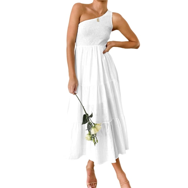Femmes Robe Longue Swing Décontracté Plissée Midi Partie Longue Robe Danse Plage Bureau de Vacances Adolescents Mode Vêtements D Été Blanc S