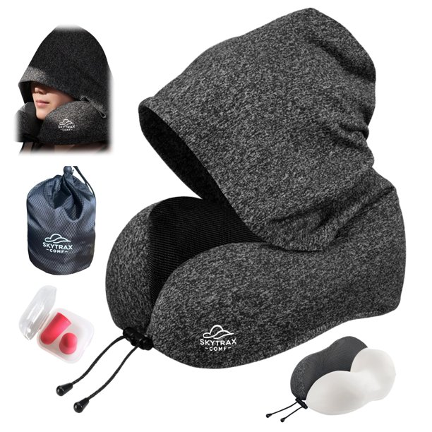 Almohada de viaje SKYTRAX COMF de espuma viscoelástica con capucha extra grande