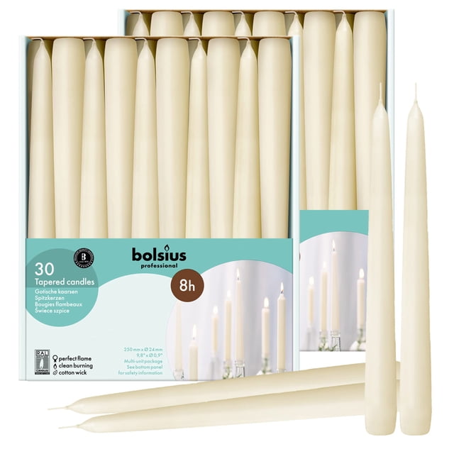 Velas BOLSIUS marfil tipo taper de 25 cm, duración de 8 h, paquete de 60