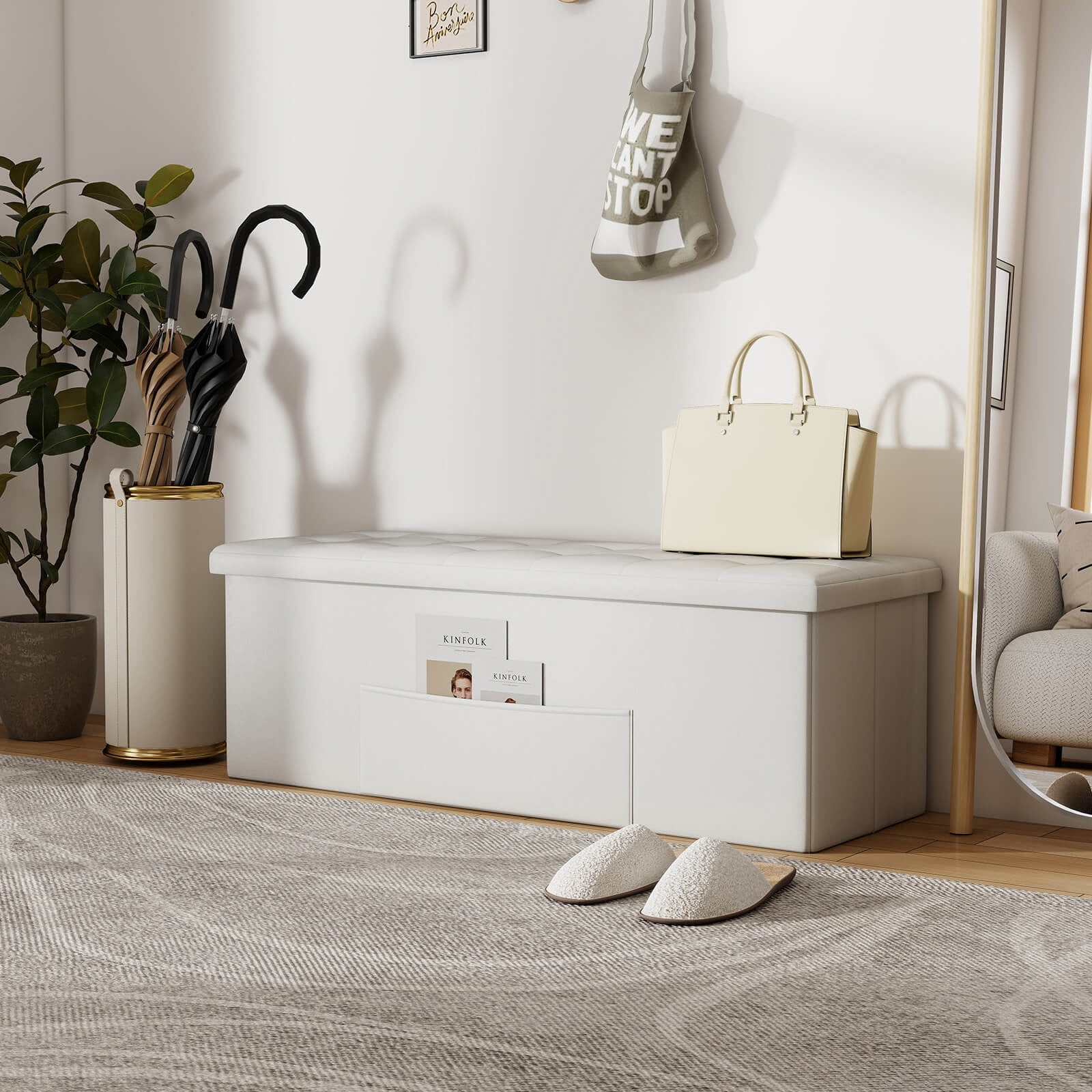 Costway 43 Inches Folding Storage Ottoman Bench Foot Rest Stool with Side Pocket White