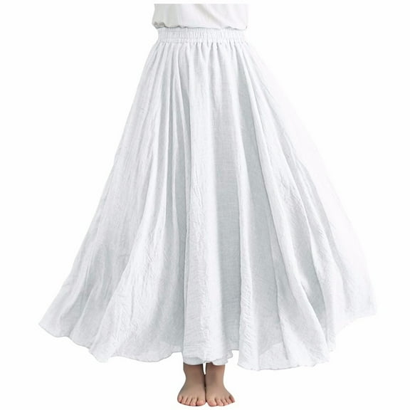 Womens Linen Maxi Skirts Trendy Elastic Waist Summer Boho Solid Beach Elastic High Waist Pleated A-Line Flowy Swing Long Maxi Skirts