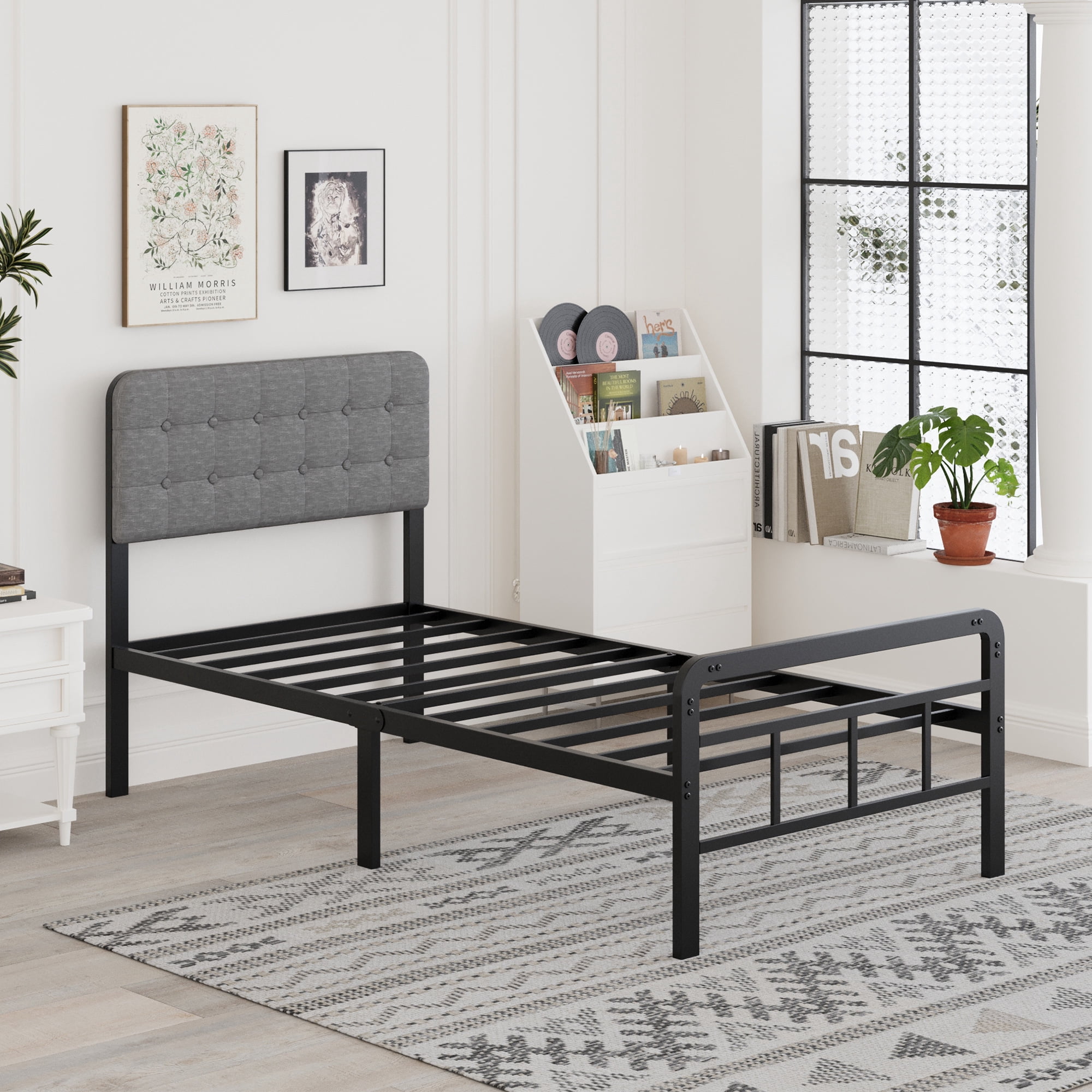 Lutown-Teen 18 inch Twin XL Bed Frames with Upholstered Headboard and Metal Footboard, Heavy Duty XL Twin Metal Bed Frame, No Box Spring Needed, Easy Assembly