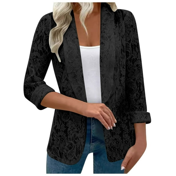 Gyexs Blazers for Women Lace Open Front Long Sleeve Sheer Elegant Suit Jacket Hollow Out Lightweight Floral Knit Cardigan, Black, Size S
