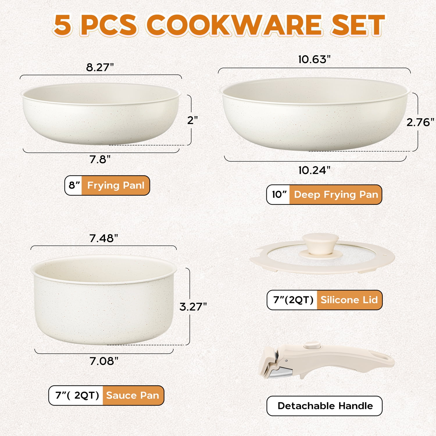 Walchoice 5Pcs Pots and Pans Set, Granite Nonstick Cookware Set with Detachable Handle, Stackable Kitchen Cooking Set with Saucepan Frying Pans, Induction Compatible & Oven Safe - Cream White