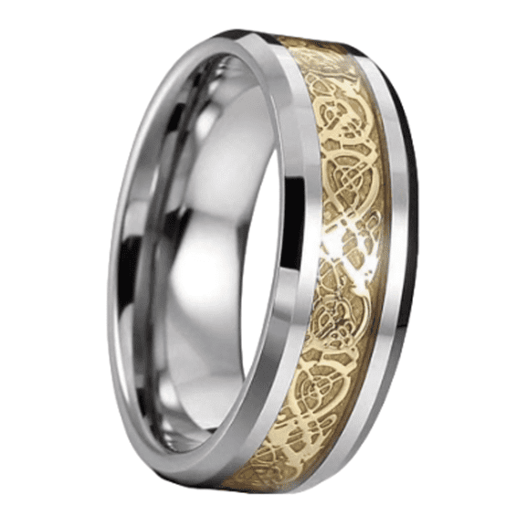 DESIGNICE Mens Rings,Eye-Catching Steel-Gold Color Combo Stainless Steel Rings,Detailed Dragon Engraving Tungsten Rings for Women,Sleek Inspired Stainless Steel Rings for Men,10