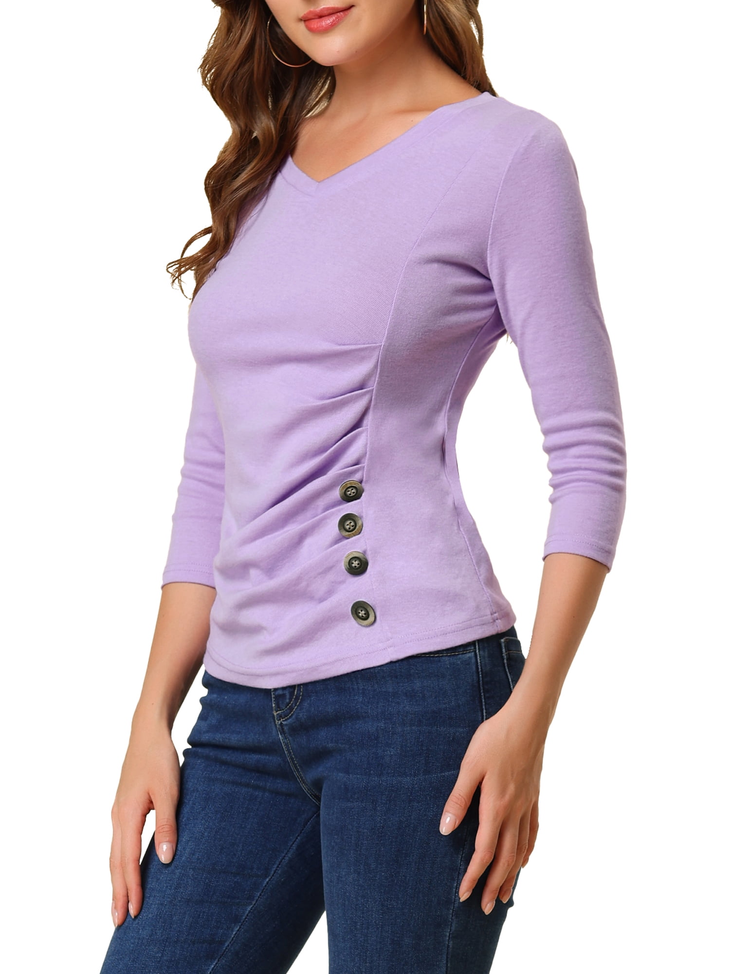 DARING DIVA V Neck Knitted Buttons Decor Ruched Blouse Top 3XL Light Purple