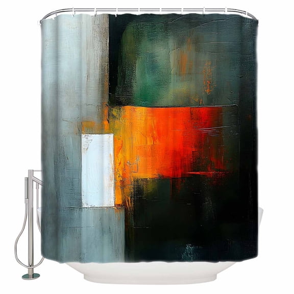 Small Stall Shower Curtain 36x78 Inch Narrow Half Size Dark Green Orange Bath Curtains Bathroom Decor Modern Oil Painting Geometric Waterproof Fabric Shower Curtain Set with Hooks 36 Inch
