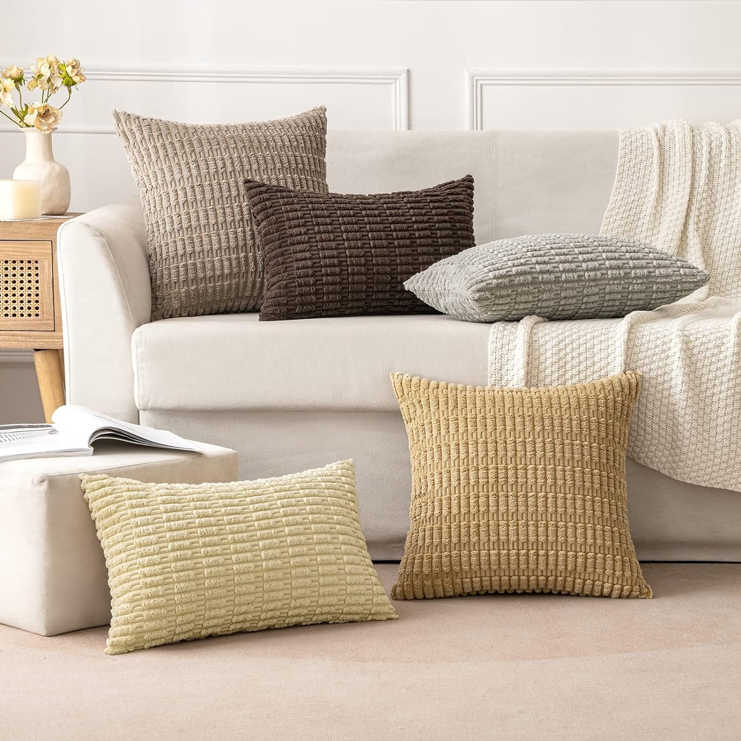Wehilion Pack of 2 Corduroy Decorative Throw Pillow Covers Soft Boho Striped Pillow Covers Modern Farmhouse Christmas Home Decor for Sofa Living Room Couch Bed
