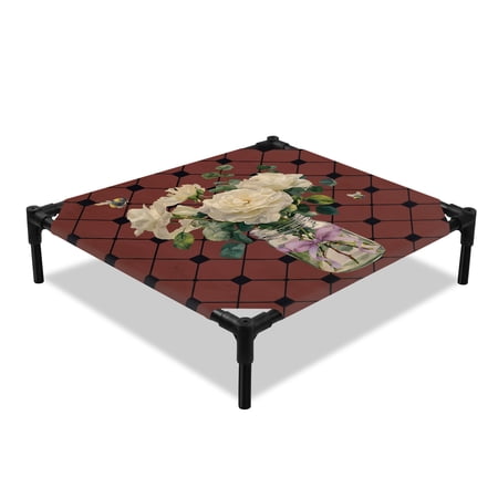 White Floral Elevated Dog Bed Rustic Bee Flower Leaf Farmhouse Burgundy Plaid Cooling Breathable Outdoor Raised Dog Cot Bed with Metal Frame Non-Slip Feet for Small Dog 20x20in