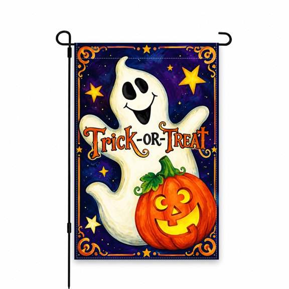 Halloween Ghost and Pumpkin Garden Flag 12x18 Inch - Trick-or-Treat Yard Flag for Outdoor Decor, Festive Patio, Lawn, Porch, and Walkway Display
