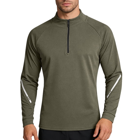 Outdoor Athletic Shirts for Men Quarter Zipper Stand Collar Tops with Long Sleeve Spring Running Hiking Activewear Army Green L