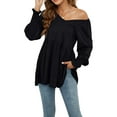 thumbnail image 4 of SAYOO Women's T-Shirt Solid Color Long Puff Sleeve V-Neck Loose Hem Streetwear Breathable Tops, 4 of 7