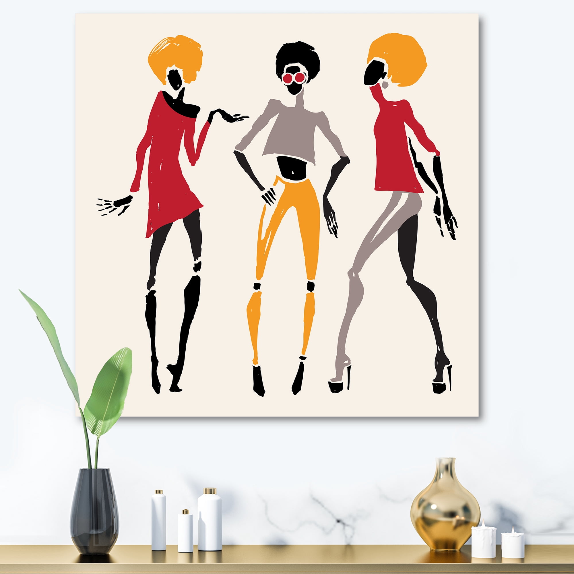 Designart ' African American Women Silhouettes Red and Yellow I ' Modern Canvas Wall Art Print