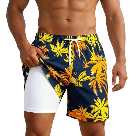 XFeng Men's 2 in 1 Swim Trunks, Print Board Shorts with Compression Liner, Quick Dry Beach Swim Shorts with Pockets