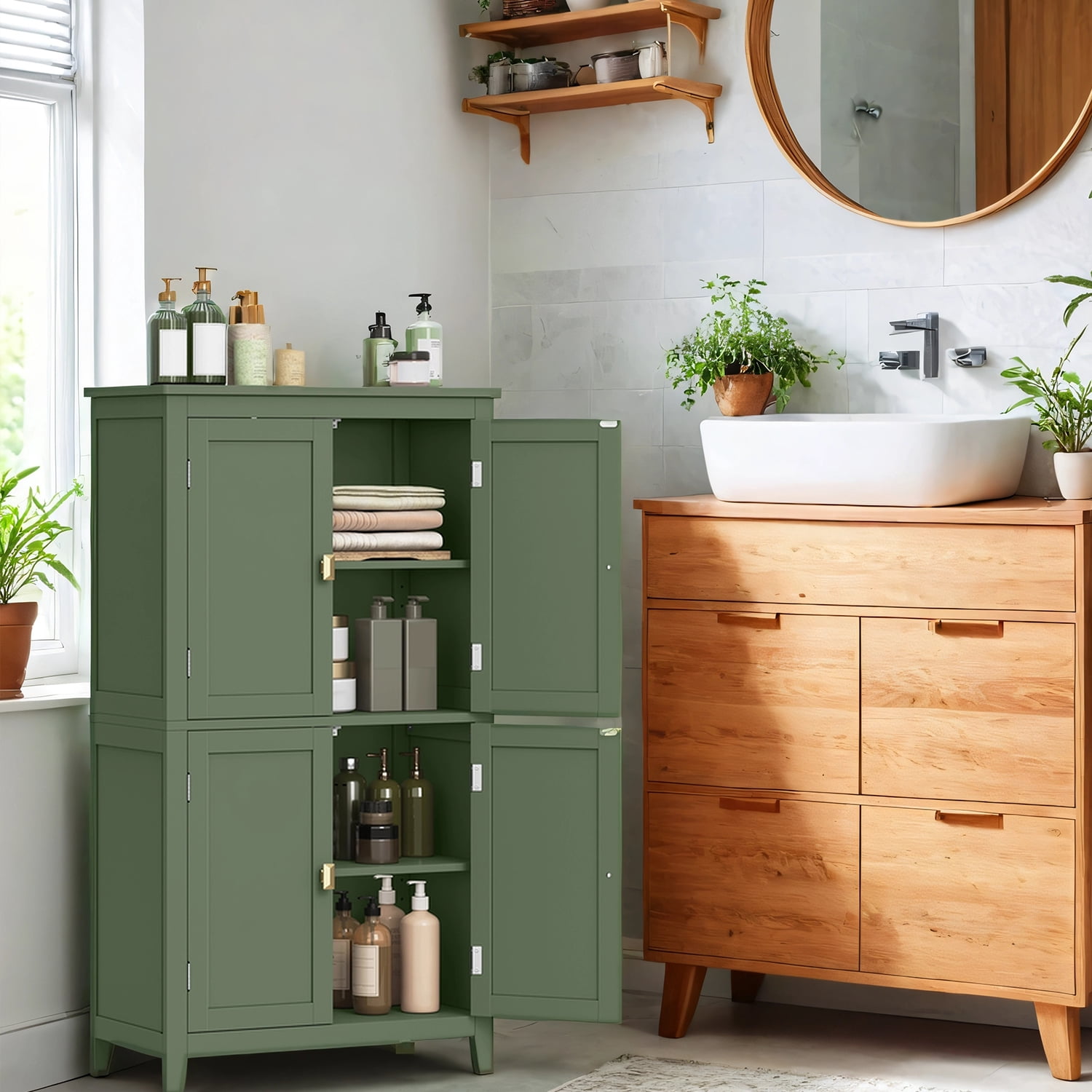 LEDREM Bathroom Storage Floor Cabinet Organizer with 4 Doors & Adjustable Shelves, 43" Wooden Pantry Cabinet Freestanding for Kitchen Living Room Small Spaces,Green
