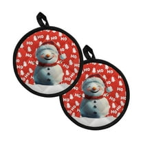 ZIATUBLES 2 PCS Pot Holders Oven Mitts Dual Function Heat Resistant Hot Pads with Quilted Cotton-Like Liner Potholders Stylish Machine Washable Pan Mat, 8 Inch Round Decor, Ho Snowman Tree Red