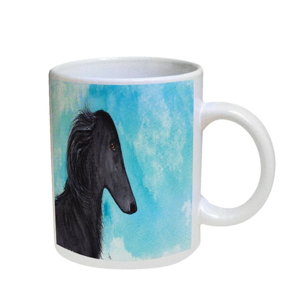 KuzmarK Coffee Cup Mug Pearl Iridescent White - Black Borzoi Sighthound Dog Art by Denise Every