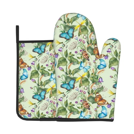 

Vsdgher Meadow Plants And Butterflies Oven Mitts and Pot Holders 2 pcs Set High Heat Resistant Kitchen Oven Glove for Baking and Cooking