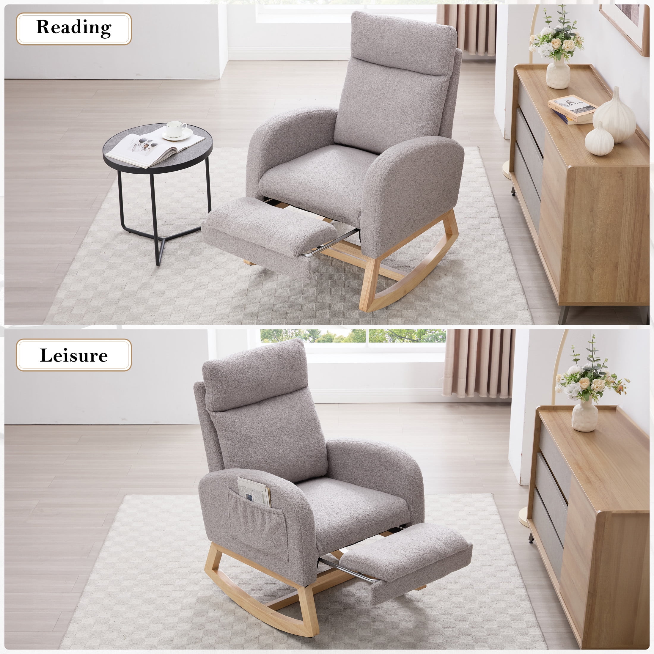 Noble House Arlais Teddy Nursery Rocking Chair with Adjustable Footrest, Comfortable Accent Glider Daybed, Light Gray