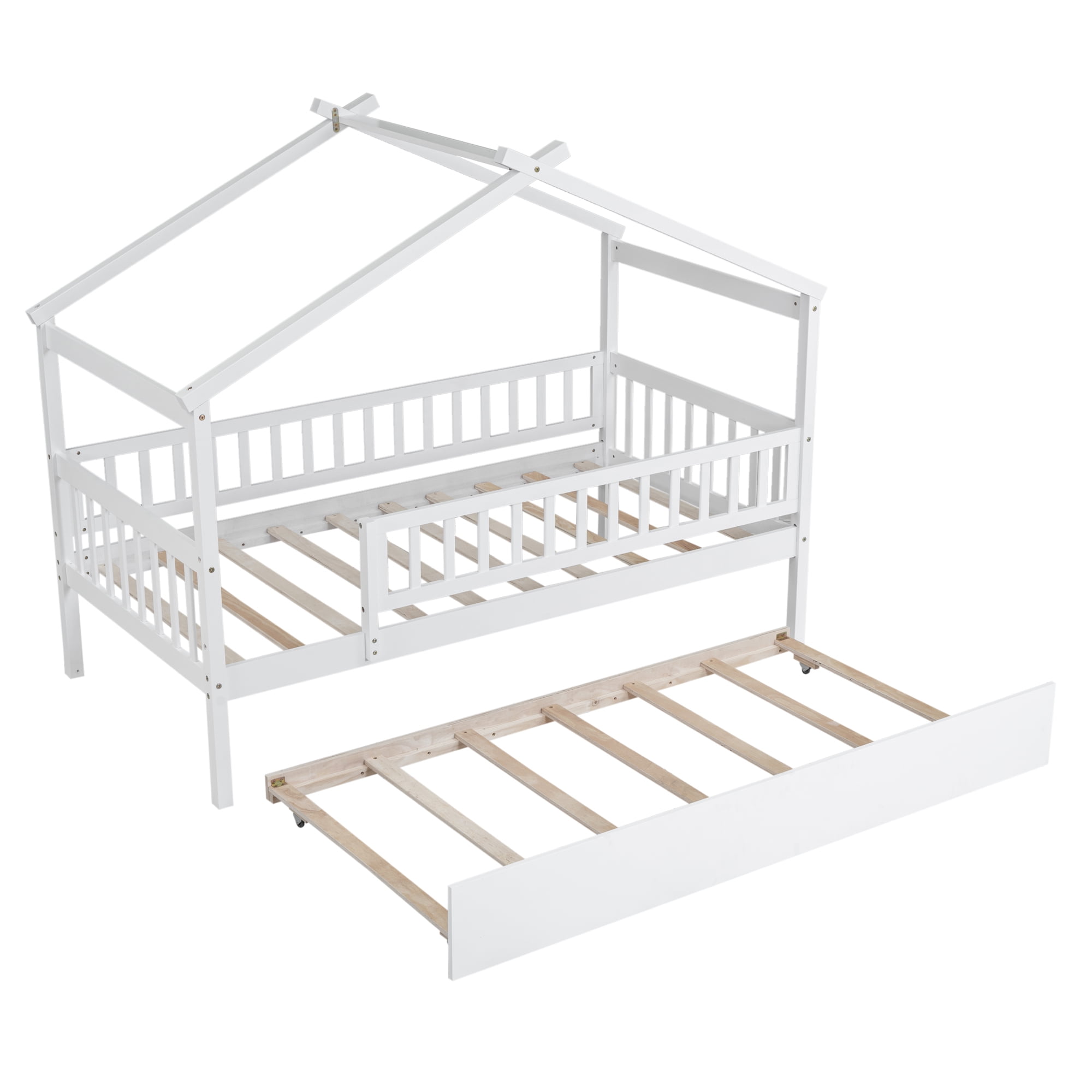 Gewnee Pine Wood Twin Size House Bed with Trundle and Roof for Kids,White