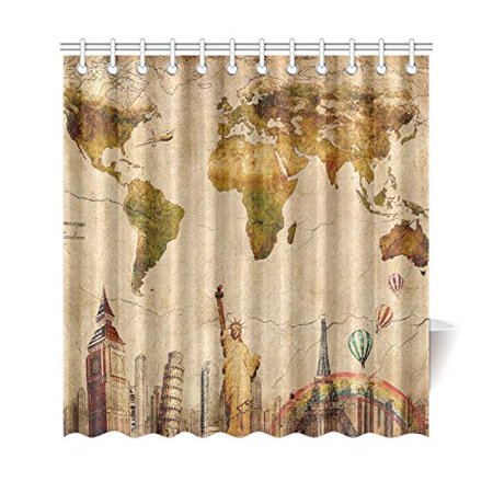 Gckg Vintage World Map Shower Curtain City Landmark World Travel