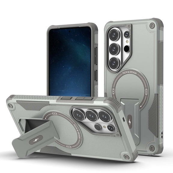 for Samsung Galaxy S25 FE Phone Case with Adjustable Kickstand,Compatible with Mag-Safe Shockproof Anti-fall Bumper Cases Heavy-Duty Rugged Magnetic Protective Phone Case Cover,Grey