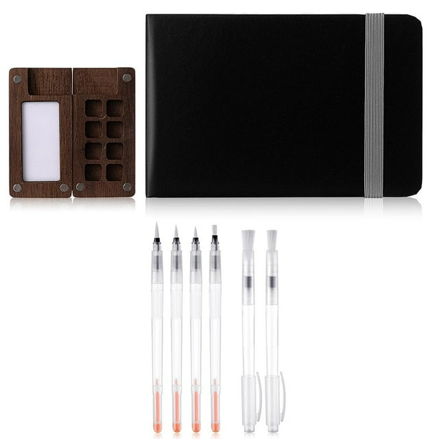 Mini set portátil de acuarelas de viaje con paleta, caja de malla de madera y cuaderno de bocetos de bolsillo.