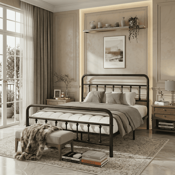 FFZ Queen Metal Bed Frame with Headboard and Under-Bed Storage, 82.5 x 62.5 x 42 inch, Black