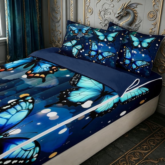 Erosebridal Sparkling Blue Butterfly Zipper Twin Comforter Sets with Fitted Sheet and 2 Pillowcases for Girls, Watercolor Dot Print Zipper Bedding Set, Navy Reversible, 4pcs