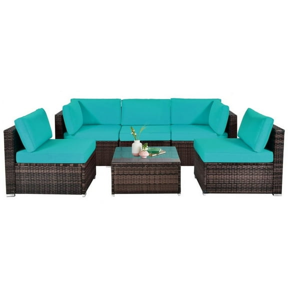 Yardi Yard 6 Pieces Patio Rattan Furniture Set with Cushions and Glass Coffee Table-Turquoise, Outdoor Sofa Sectional , Coffee Table for Patio Back Deck, Balcany, Poolside