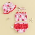 thumbnail image 3 of Bagilaanoe Toddler Baby Girls Swimsuits 2 Piece Bikinis Set Strawberry Print Crop Tops + Shorts + Swimming Cap 3M 6M 12M 2T 3T Kids Swimwear Bathing Suit Beachwear, 3 of 8