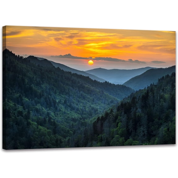 Nature Landscape Canvas Wall Art Great Smoky Mountains Blue Ridge Mountains Wall Decor Forest Sunrise Pictures Framed for Living Room Bedroom (12x16 inch)