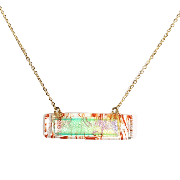 Dichroic Iridescent Pink on Red Stringers and Clear Fused Glass Bar Necklace