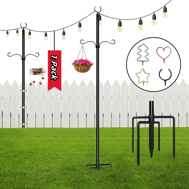 Postes de Luz de Cadena, Postes de Metal para Patio de 11,81 Pies con Gancho, Soporte de Iluminación Exterior para Terraza, Patio Trasero, Balcón, Valla, Cesta Colgante, Linterna, Comedero para Pájaros, 1 Paquete